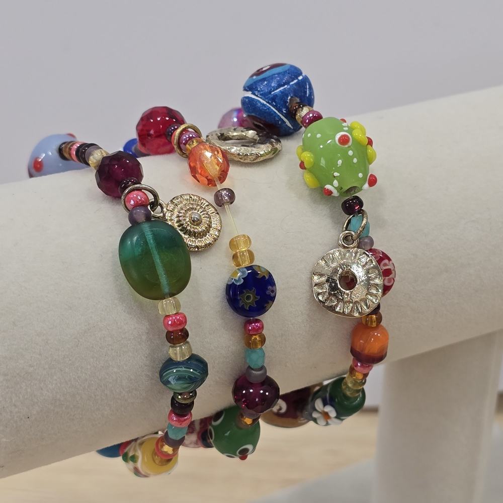 3 Stackable RJ Graziano Multicolor Art Work Glass Acrylic Bead Stretch Bracelets